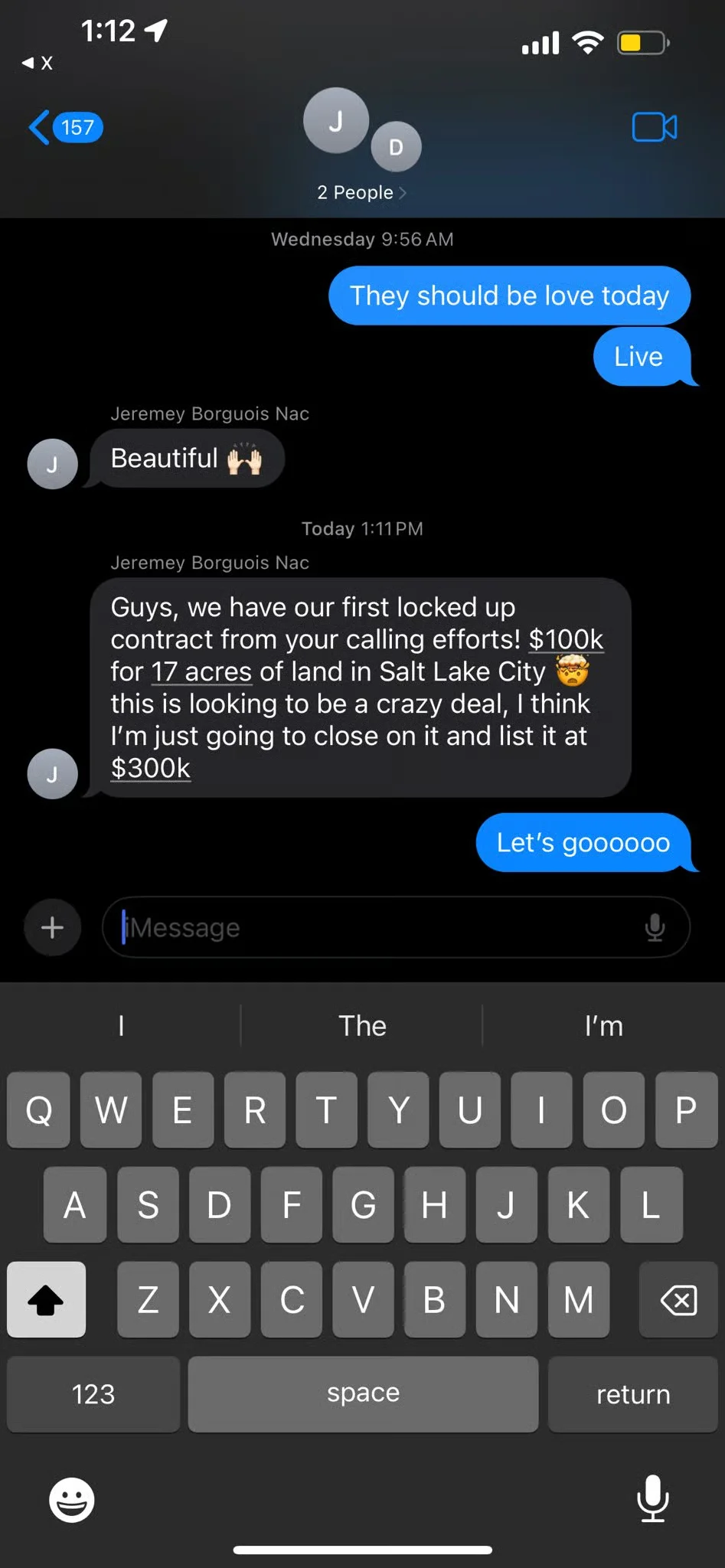 Client text: first locked-up contract from NAC calling efforts — $100,000 for 17 acres in Salt Lake City, listing at $300,000
