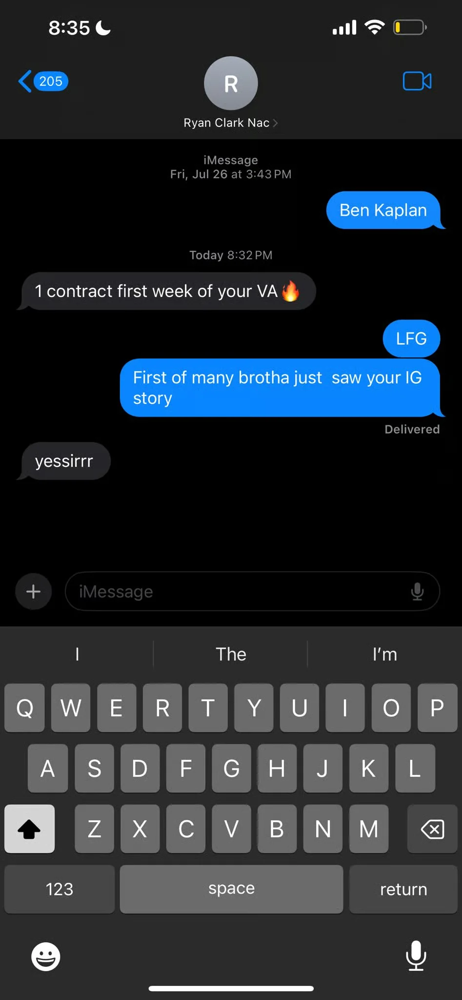 iMessage from client: first contract signed in week one of NAC caller deployment